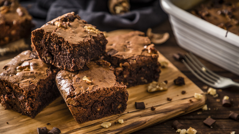 Brownie squares on cutting board