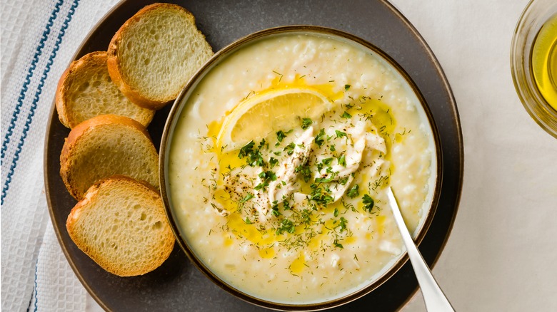 Avgolemono greek soup with bread