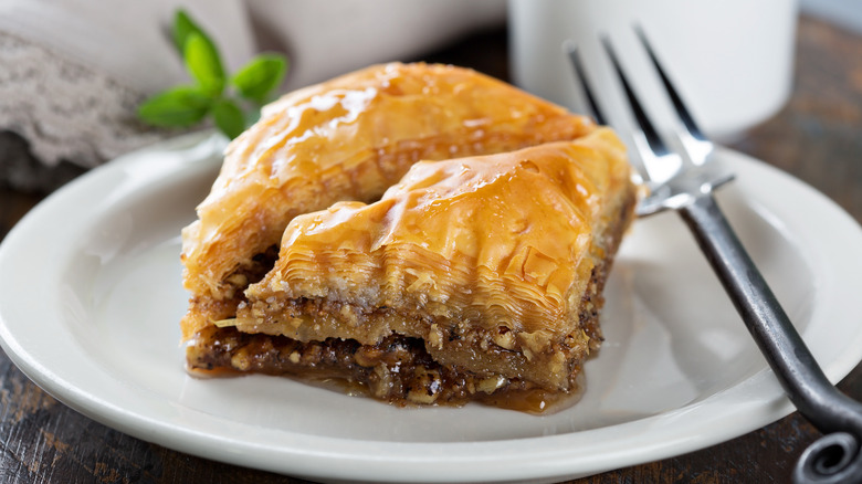 Greek walnut baklava on plate 