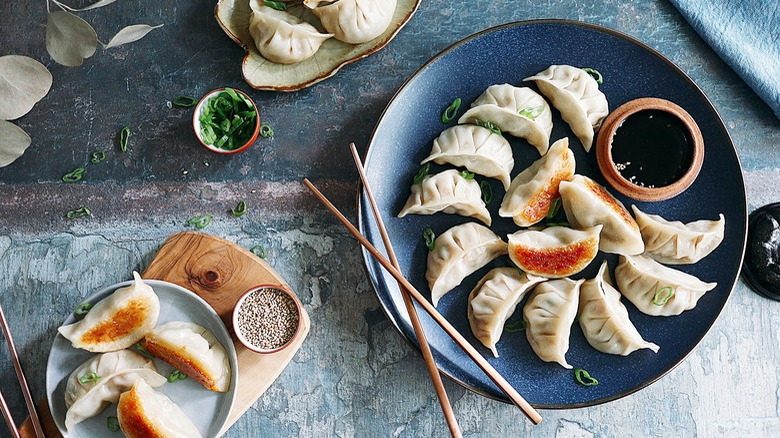 Dumplings on blue plate