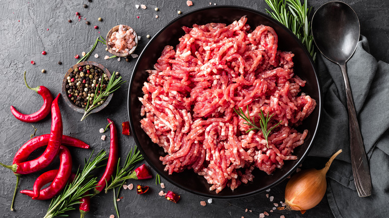 Raw ground beef in bowl