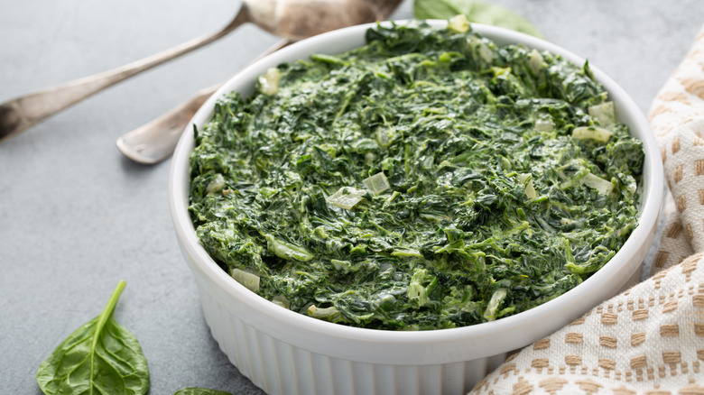 Creamed spinach in serving dish