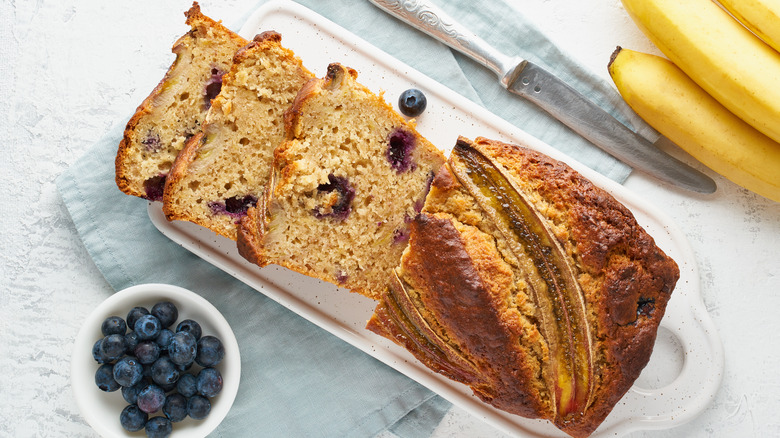 blueberry banana bread slices white plate