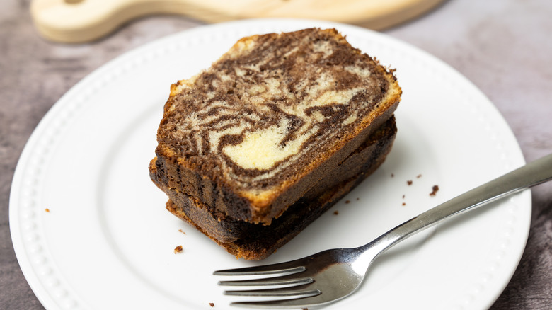 slice of marbled loaf cake on plate