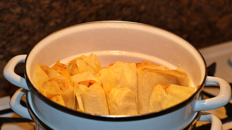 Tamales in a steamer