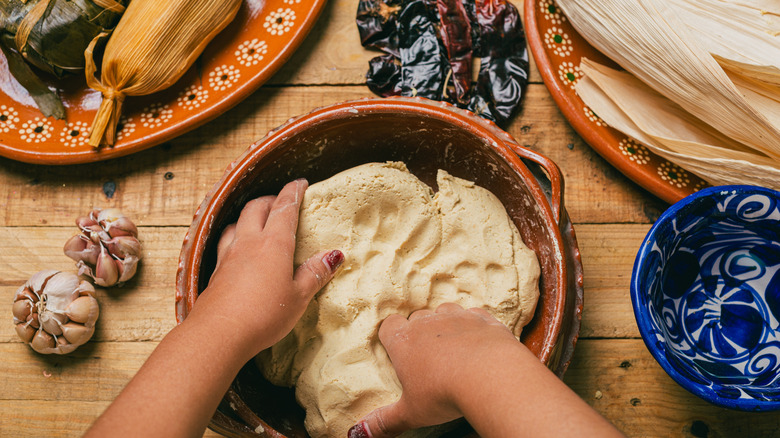 Hands kneading masa surrounded by garlic and dried chilies