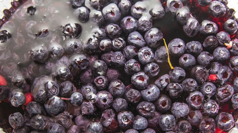 Overripe blueberries in water