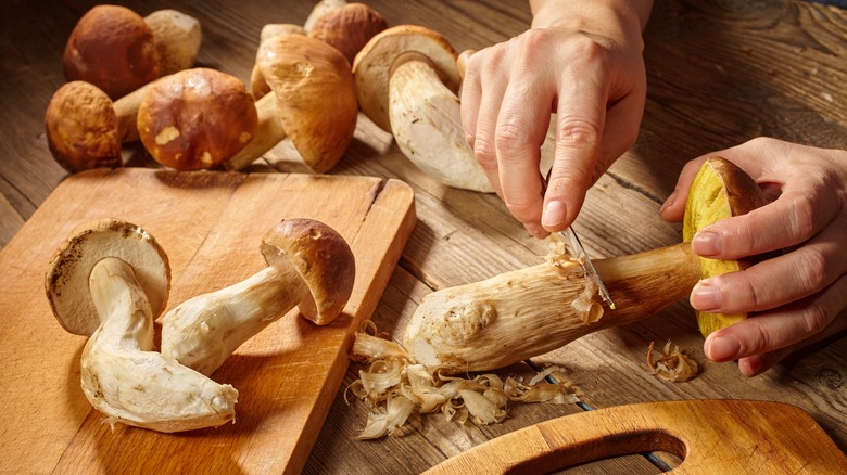 mushrooms on wooden board