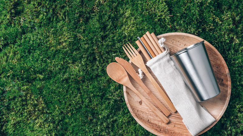 Disposable tableware on grass