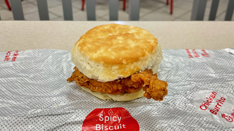 Chick-fil-A's spicy chicken biscuit on wrapper