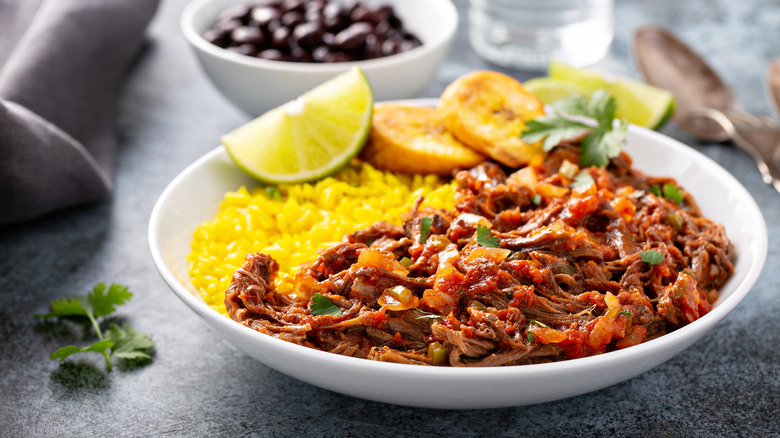 Ropa vieja with rice and plantains