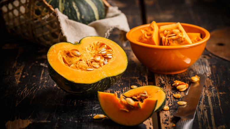 pumpkin pieces on wooden table