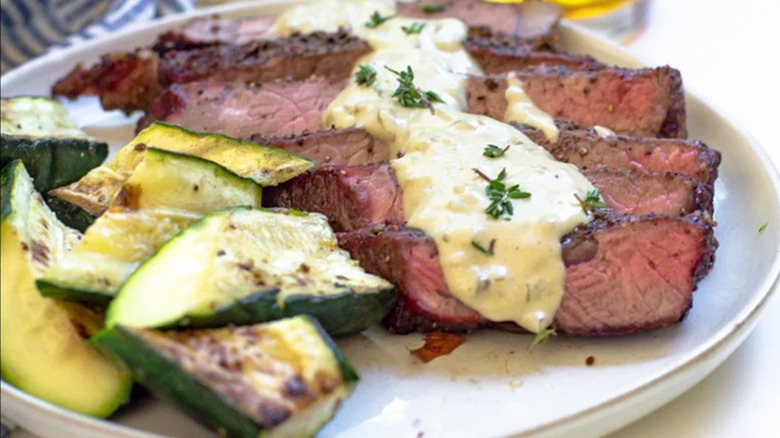 Grilled steak au poivre on plates