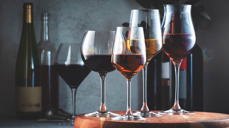 Various wines in glasses in a row