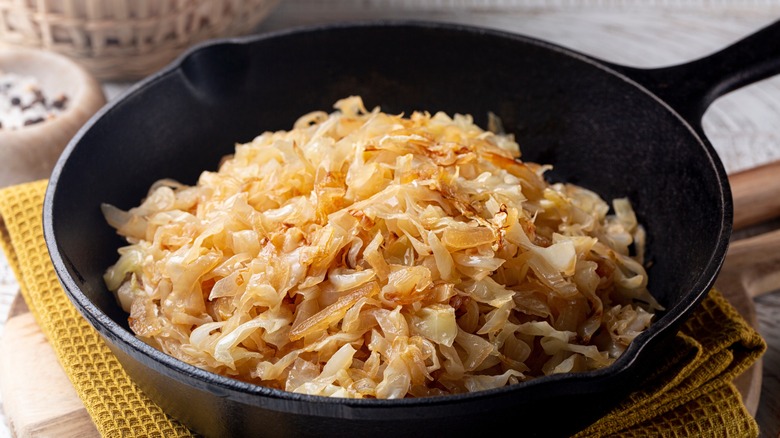 Skillet of fried cabbage