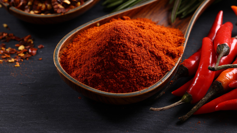 Cayenne pepper powder in rustic spoon