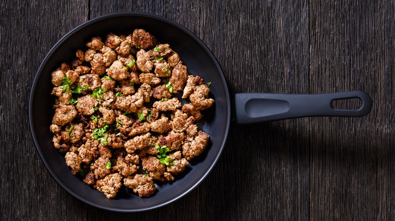 ground sausage in a pan