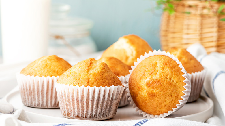 breakfast muffins on white plate blue background