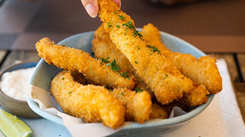 bowl of fried fish sticks