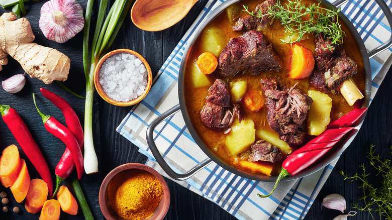 pan of jamaican goat curry  