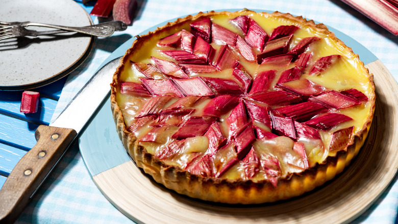 Rhubarb tart on plate.