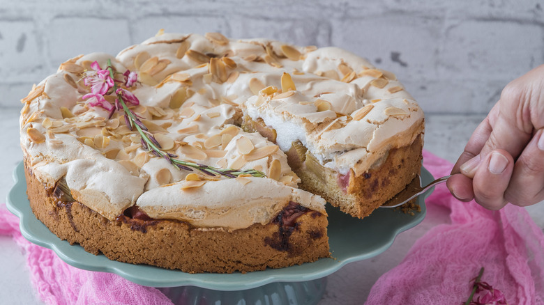 Rhubarb cake on platter.