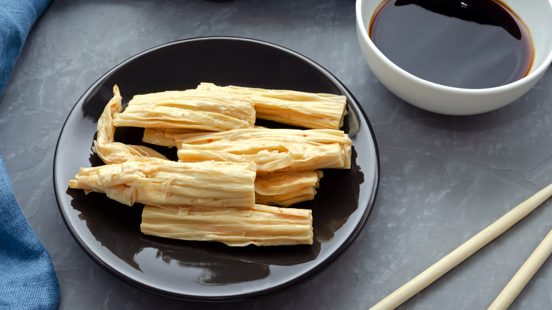 Dried tofu skin on a plate