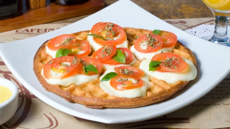 Waffle with mozzarella, tomato, basil