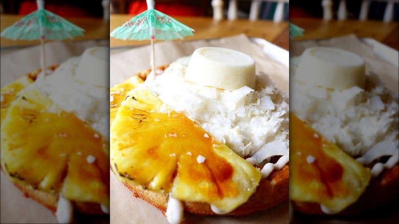 Waffle with pineapple coconut topping