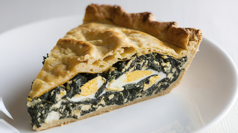 A slice of savory spinach-and-egg pie