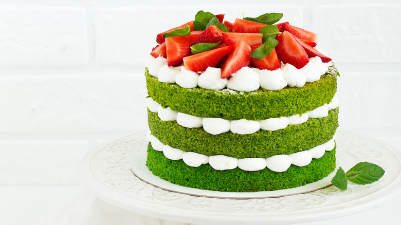 A strawberry-topped spinach cake