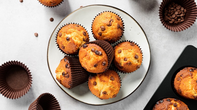 Chocolate chip muffins on a plate