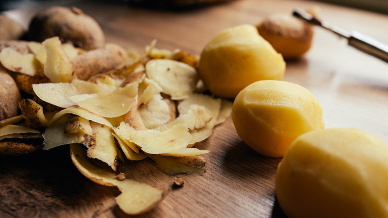 Peeling and cutting russet potatoes