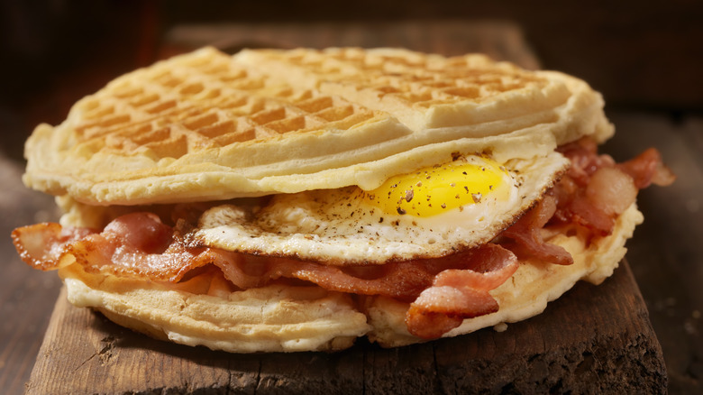 Bacon and egg waffle sandwich