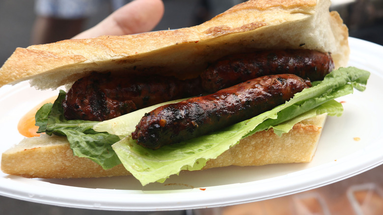 Merguez sausage sandwich on a baguette