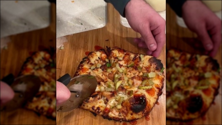 Cheese pizza with Chick-Fil-A chicken nuggets