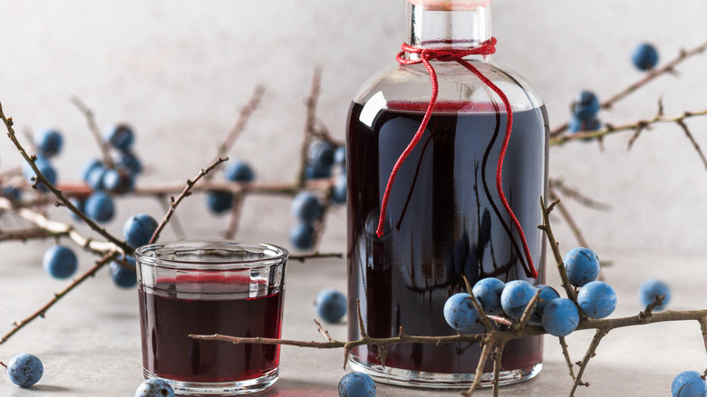 homemade sloe gin in bottle