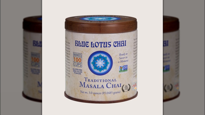 A canister of Blue Lotus Chai tea 