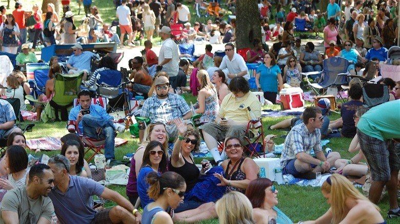 crowd picnicking in public park