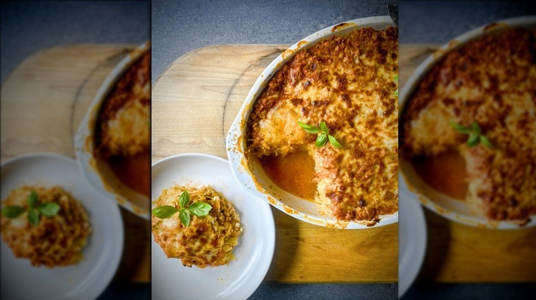 Spaghetti squash lasagna casserole in a dish with a serving on a plate