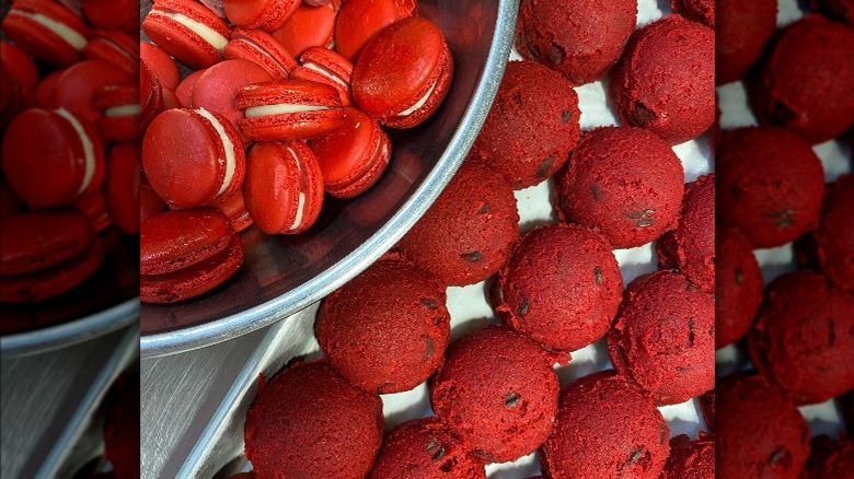 Red velvet macarons, dough balls 