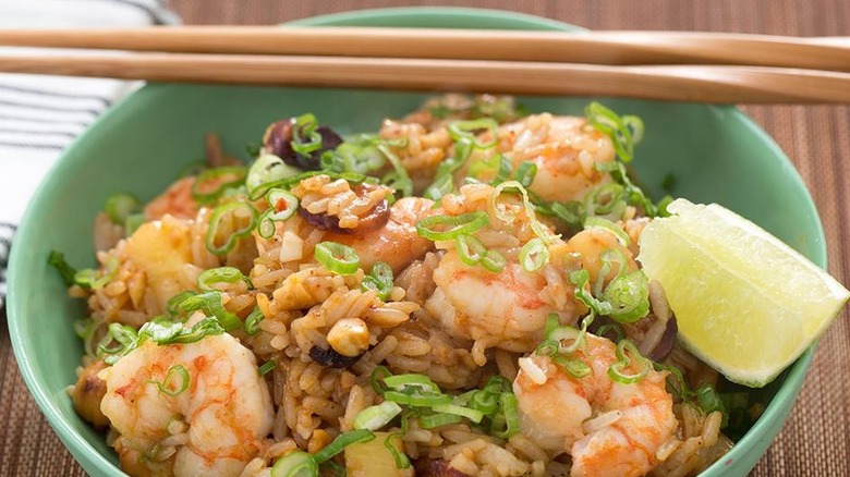 close up shrimp rice bowl blue apron meal kit