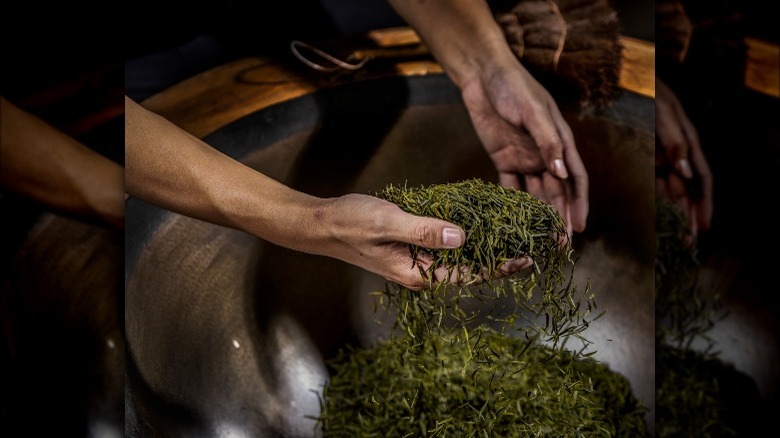 Longjing tea leaves in bowl