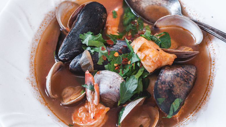 Fish stew with mussels, clams, and shrimp