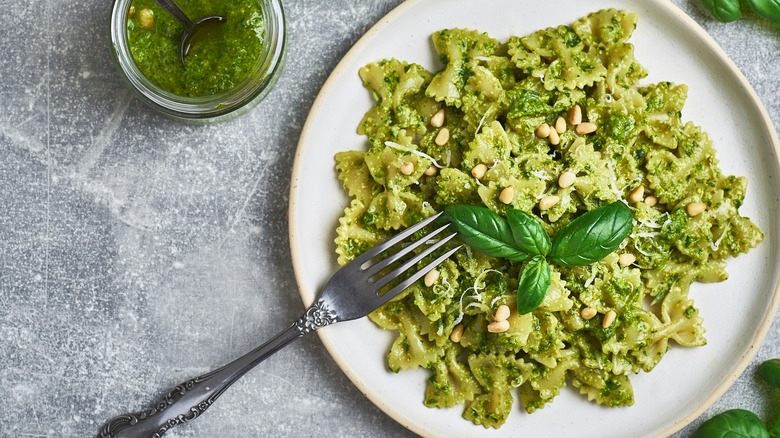 plate of basil pesto pasta