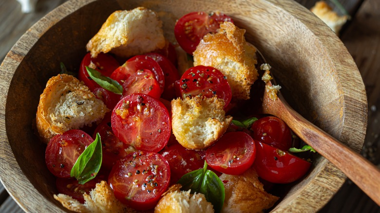 homemade croutons on tomato salad