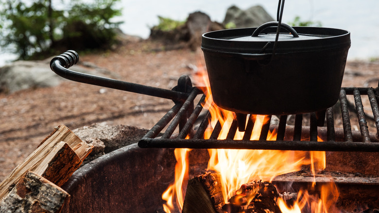 Dutch oven on campfire