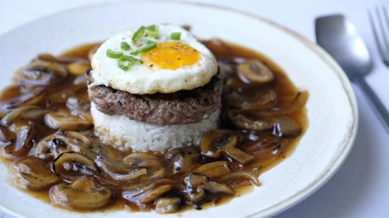 Loco moco on white plate