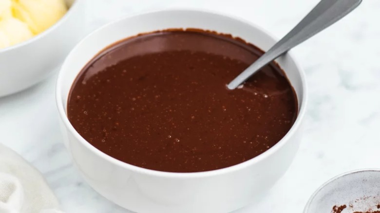 Chocolate gravy in white bowl