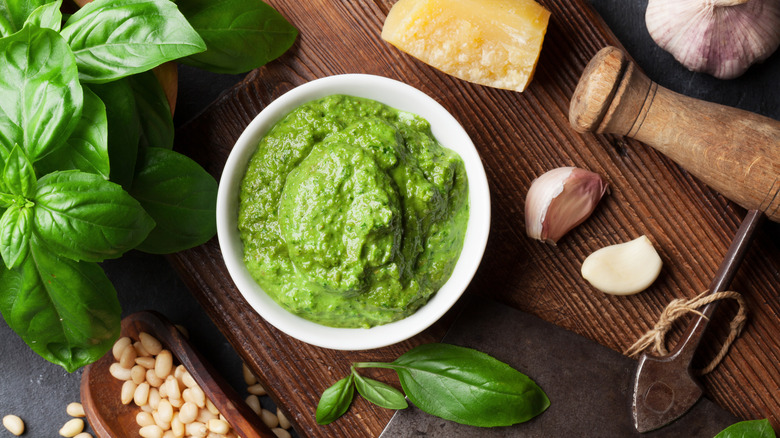 homemade pesto and ingredients